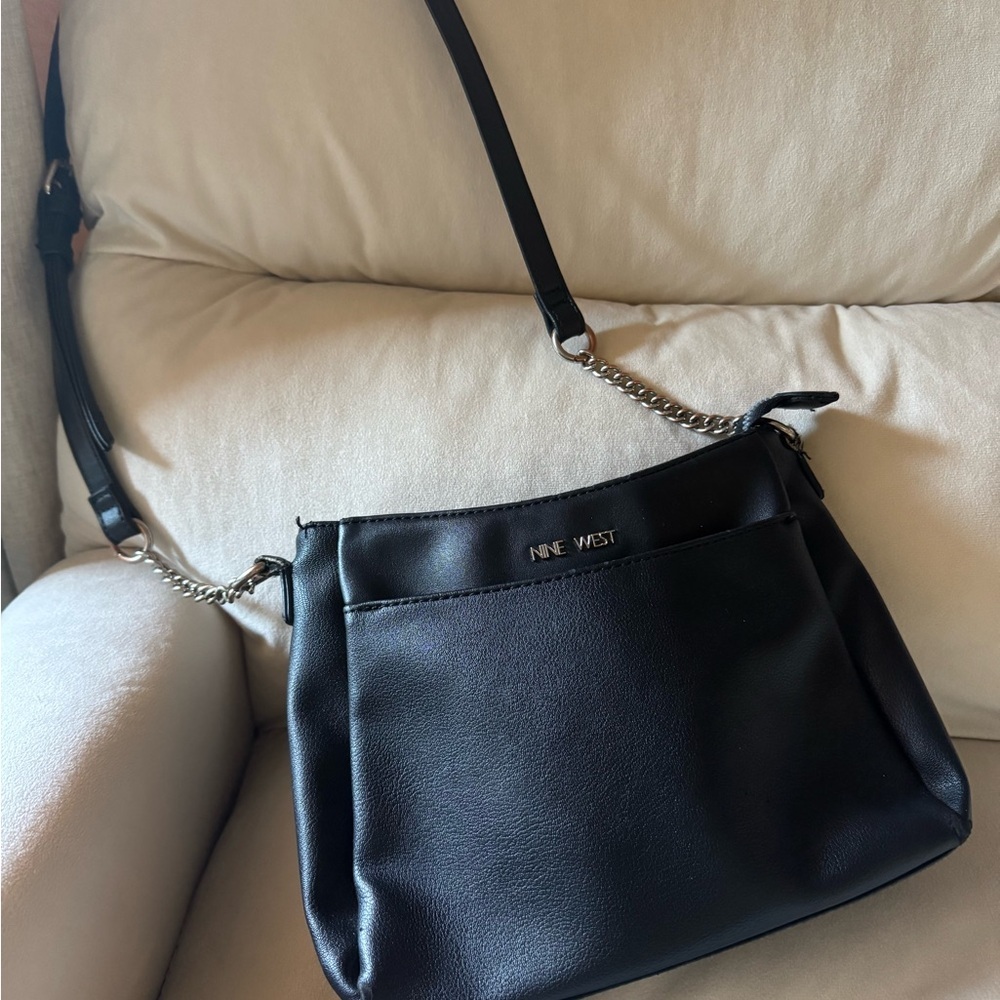Nine West Black Crossbody Bag Faux Leather Chain Strap Shoulder Purse